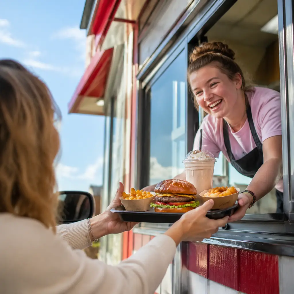 lively Southern drive through serving a burger tray with two varied sides and a thick milkshake no logos, realistic trav