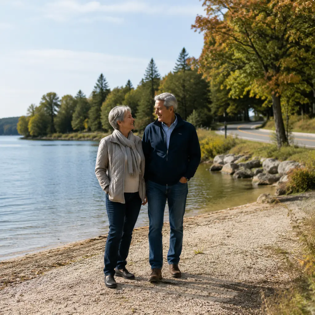 mature travelers beside a calm bay and orchard road on the Door County Coastal Byway Wisconsin, realistic travel editori