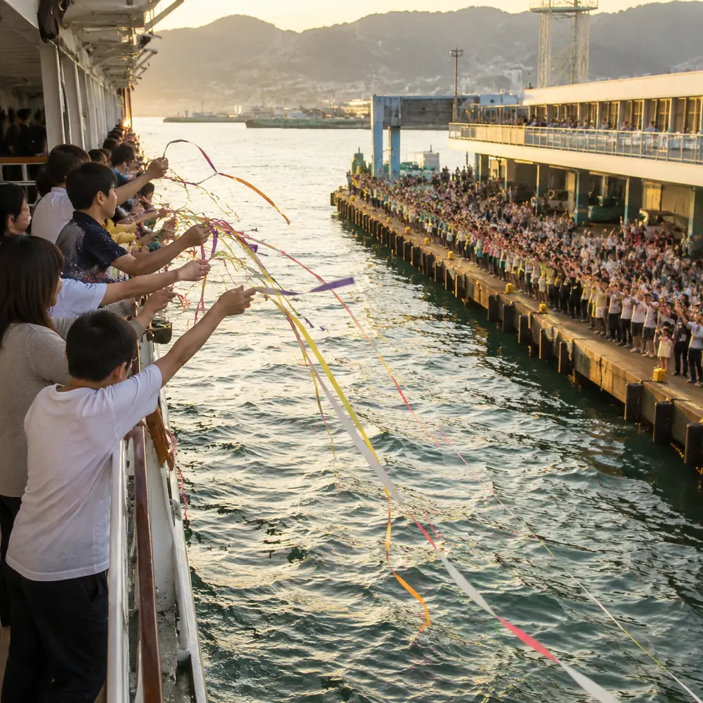 nostalgic cruise ship sail-away with passengers holding paper streamers toward families waving from a busy pier, realist
