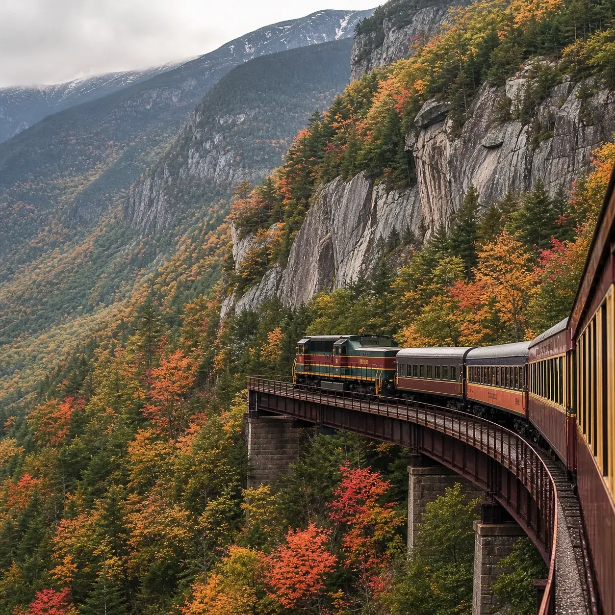Realistic editorial photo of a classic passenger train crossing a high bridge in Crawford Notch New Hampshire with White