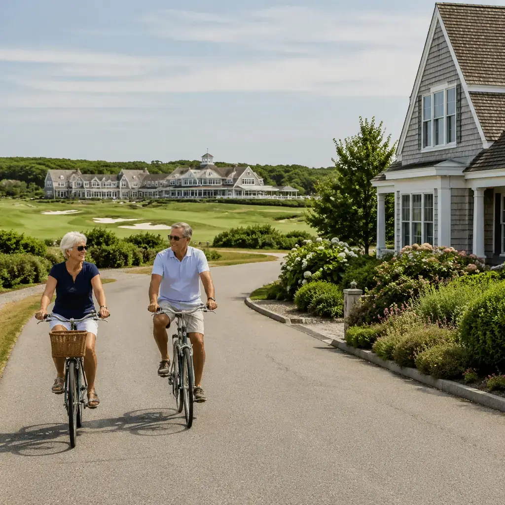 Realistic editorial photo of a large 55 plus community on Cape Cod with grey-shingled homes, a golf fairway, and a large