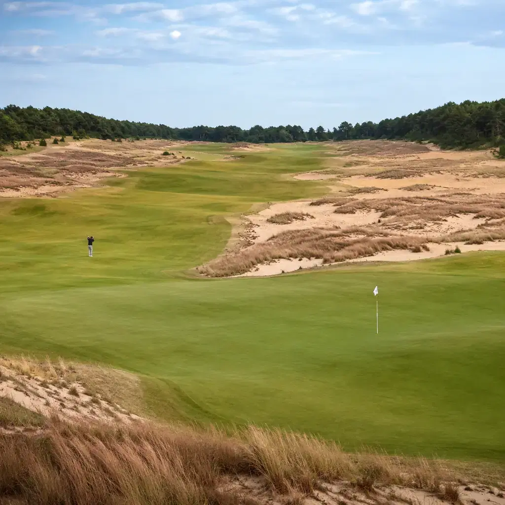 Realistic editorial photo of a massive Wisconsin sand dune golf course with very wide fairway, huge green, sandy waste a