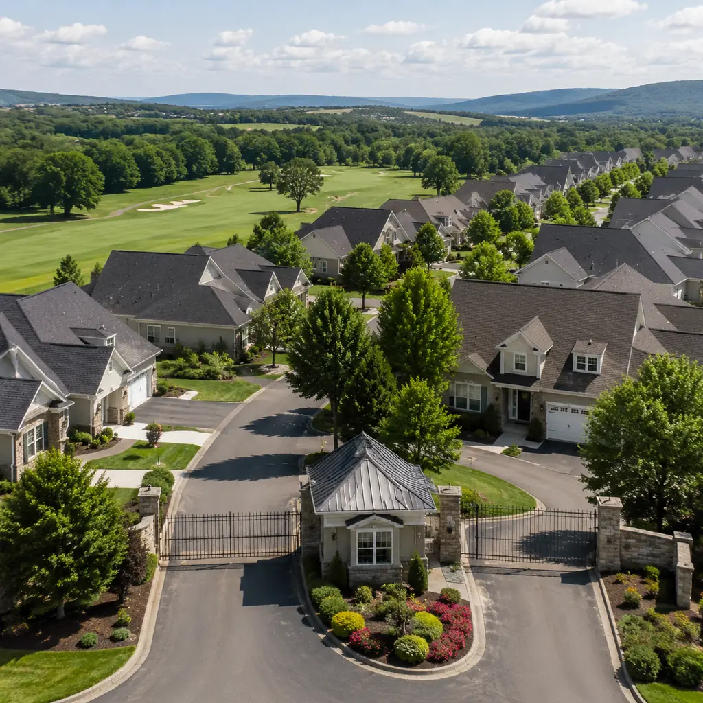 Realistic editorial photo of a sprawling Pennsylvania 55 plus community with rows of similar carriage homes, a gatehouse