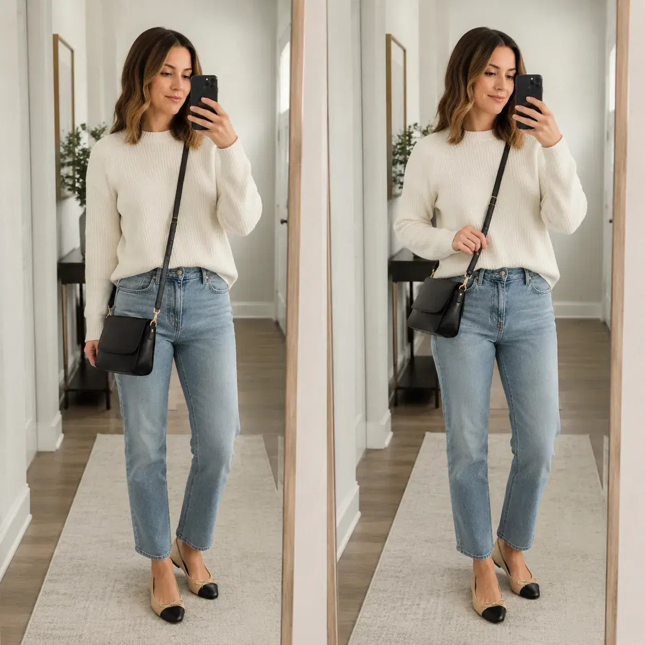 Realistic editorial photo of a woman trying a crossbody handbag with the strap sitting too low on the hip beside a bette