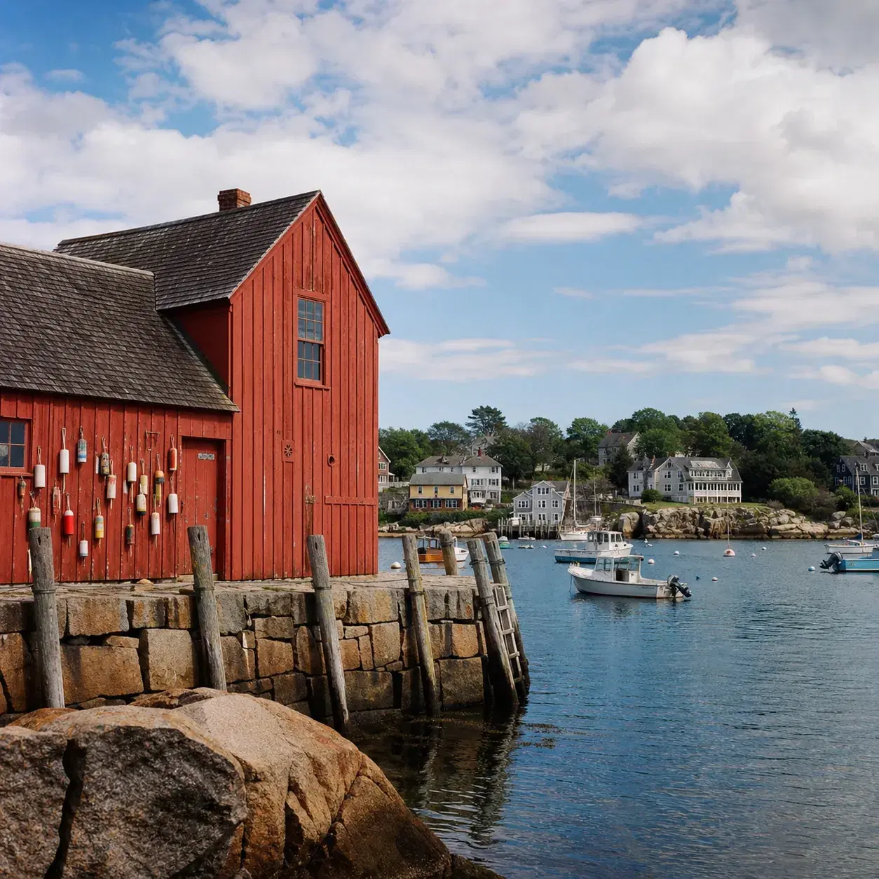 Realistic editorial photo of Rockport Massachusetts harbor with red fishing shack, granite shoreline, small boats, and c
