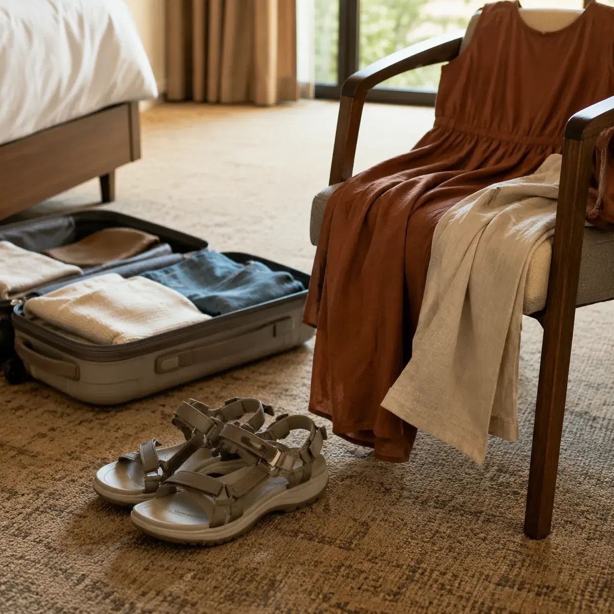 Realistic editorial photo of travel walking sandals beside a packed suitcase, linen pants, and a simple dinner dress on