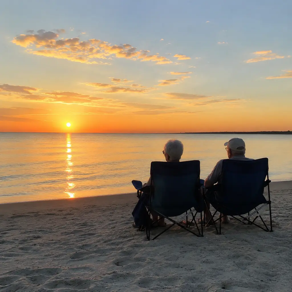 retired couple watching sunset from the calm sandy bay beach at Cape Charles Virginia, realistic travel editorial photog
