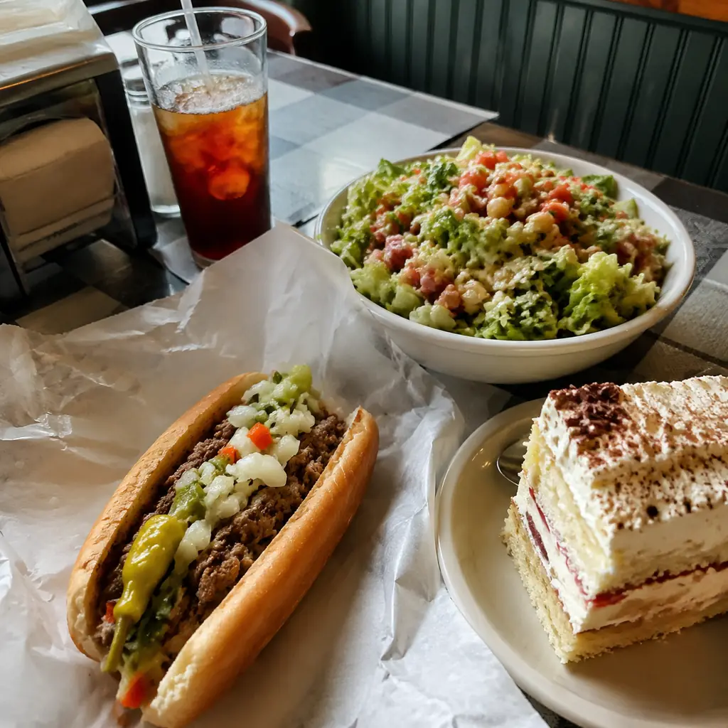 Chicago style roadside restaurant table with Italian beef hot dog chopped salad and cake no branding, realistic travel e