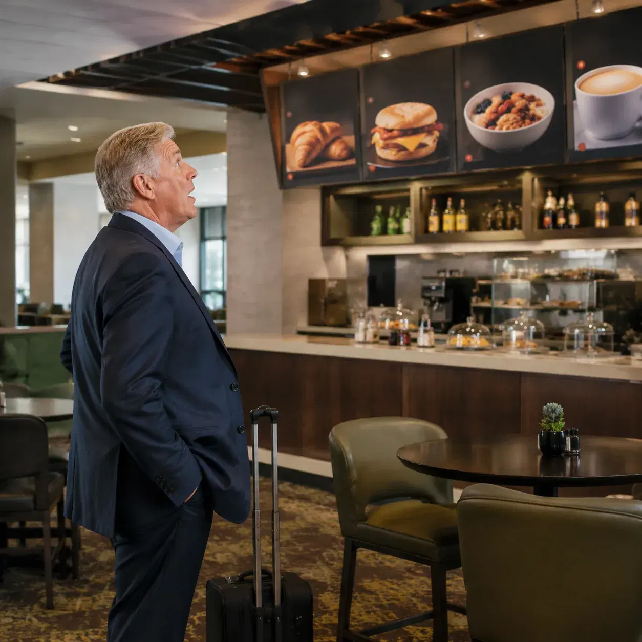 Courtyard by Marriott hotel breakfast bistro showing paid menu board, sparse seating, older American business traveler l