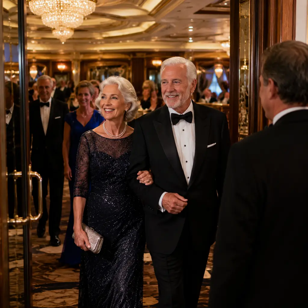 elegantly dressed older cruise couple entering a grand dining room among passengers in tuxedos and evening gowns, realis