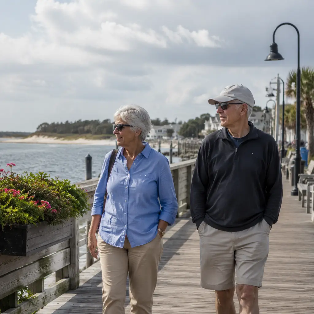 mature travelers on the waterfront boardwalk in Beaufort North Carolina with wild coastline visible across the water, re