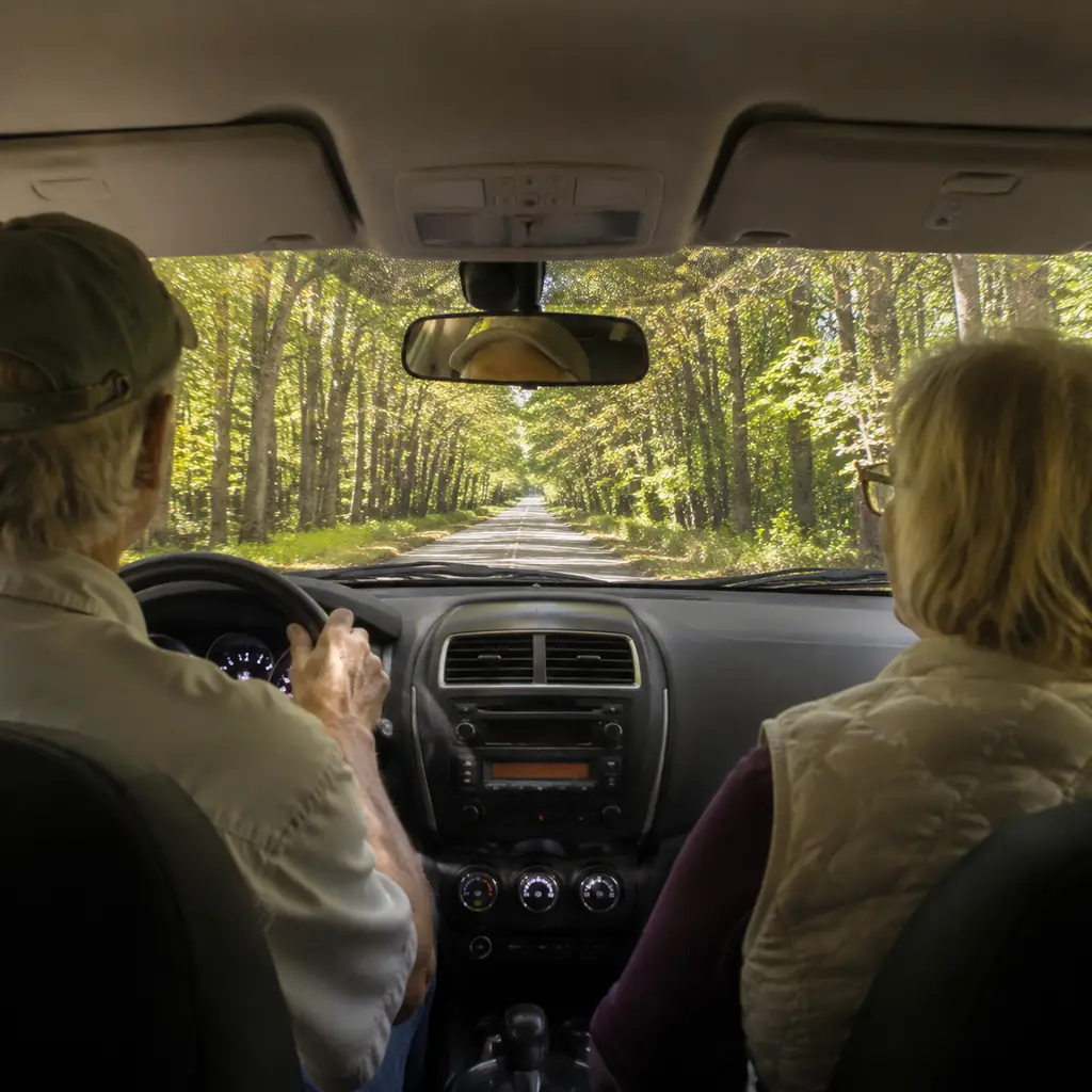 older couple in a compact car on the narrow leafy Tunnel of Trees road in Michigan, realistic travel editorial photograp