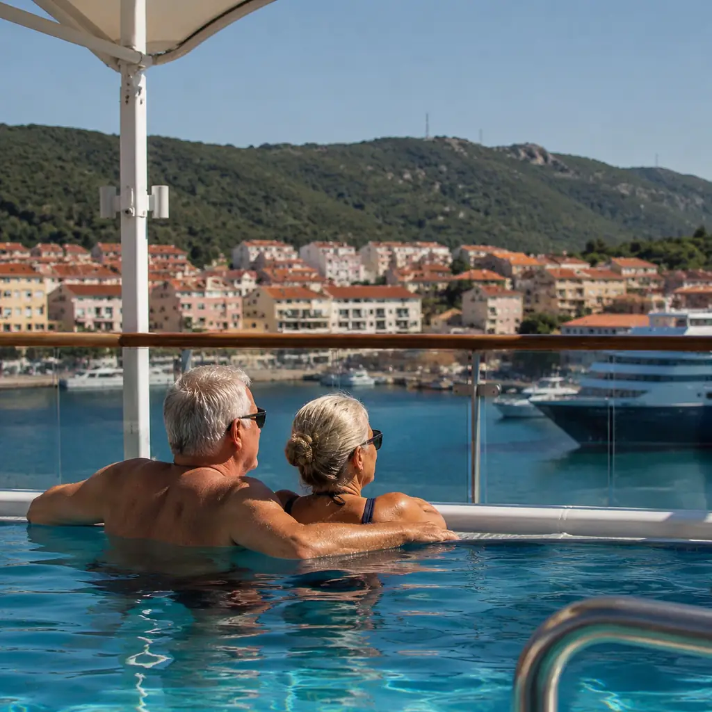 older cruise couple enjoying a quiet ship pool while a port town waits nearby, realistic travel editorial photography, n