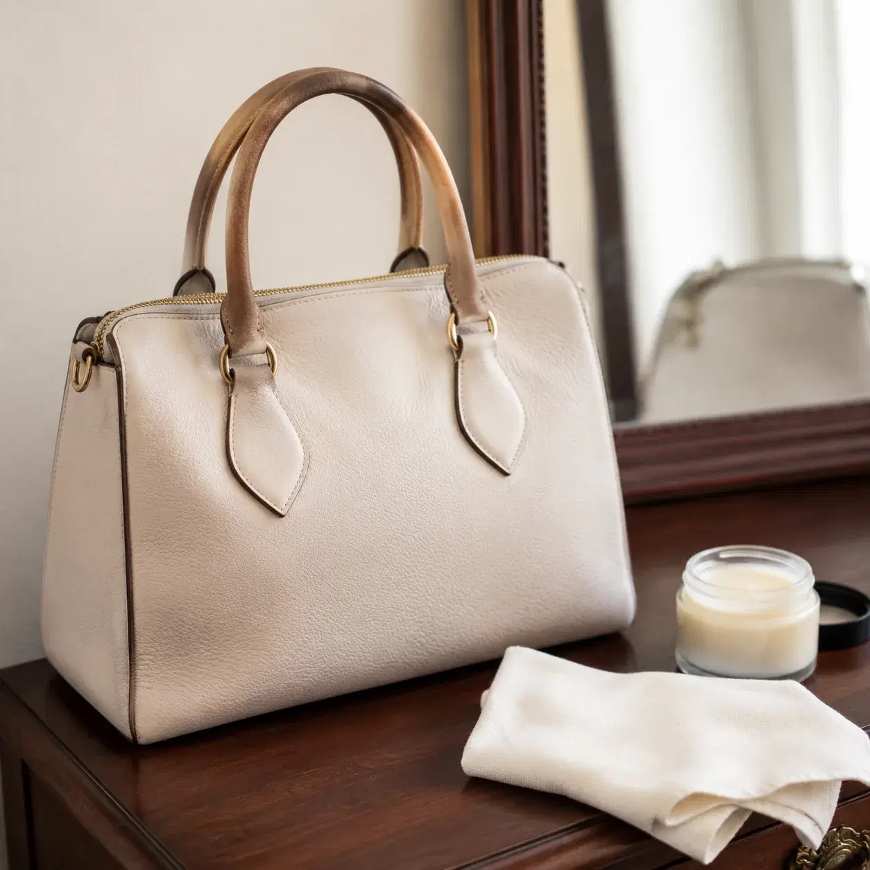 Realistic editorial close-up photo of a light-colored handbag with visibly darkened handles beside a clean cloth and lea