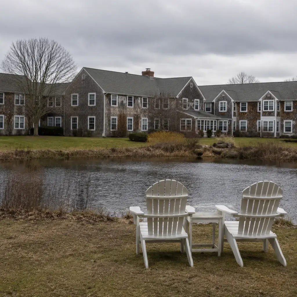 Realistic editorial photo of a Cape Cod retirement residence with weathered cedar shingles beside a quiet pond in the of