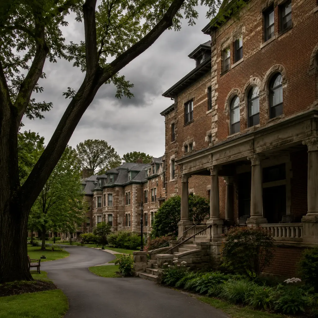 Realistic editorial photo of a historic Ohio retirement community with early 1900s brick architecture, arched windows, o