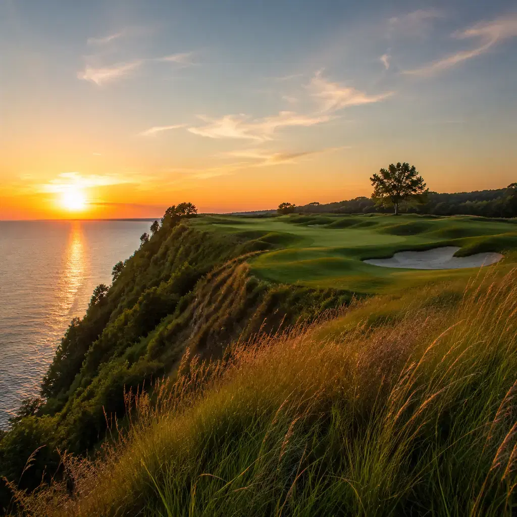 Realistic editorial photo of a Lake Michigan bluff top golf course with fairway above blue water, tall grasses, sandy bu