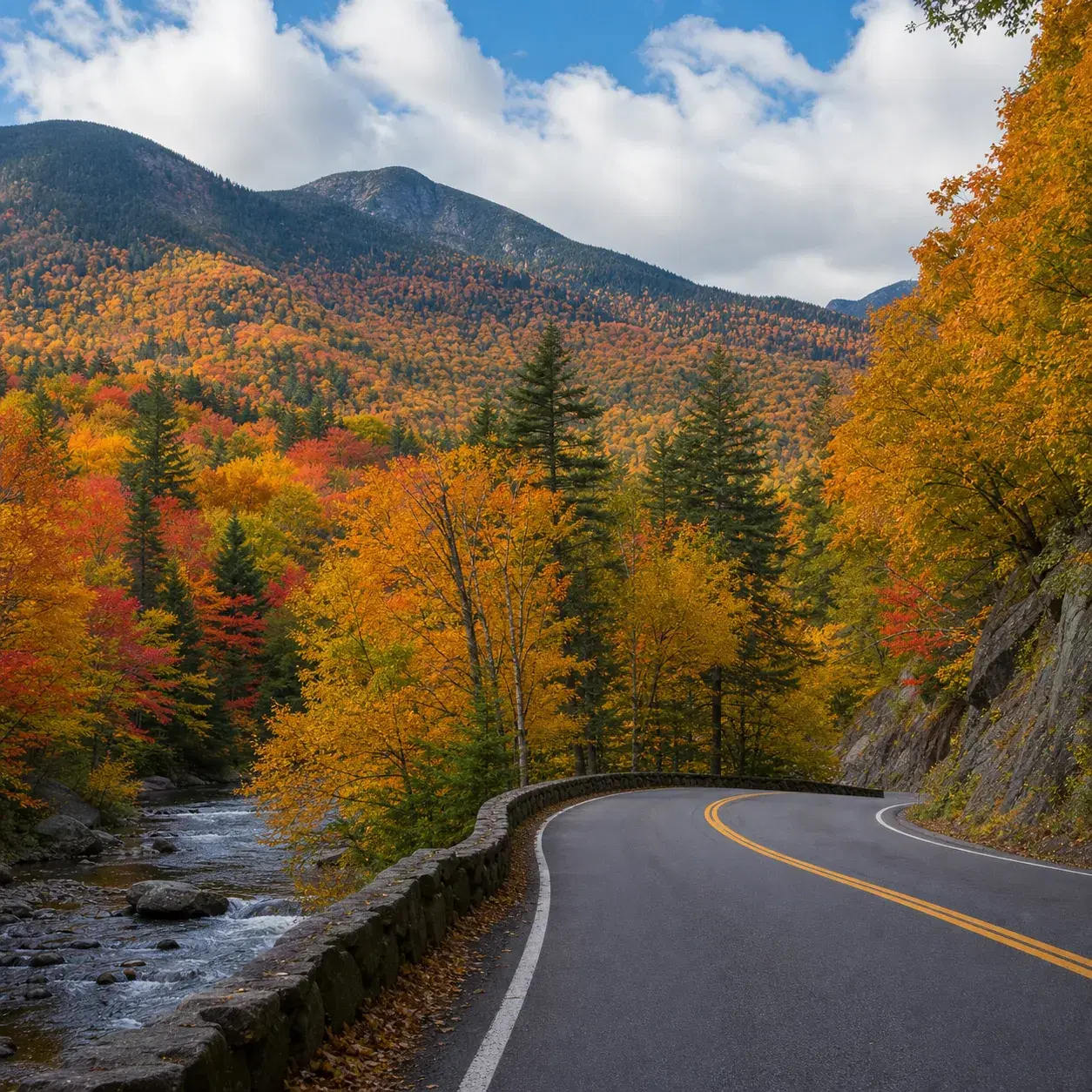 Realistic editorial photo of a New Hampshire mountain highway in fall foliage with a river pull-off, covered forest, and