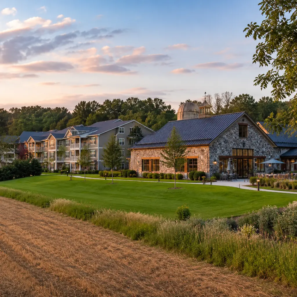 Realistic editorial photo of a Pennsylvania retirement community on former farmland with a converted stone barn building