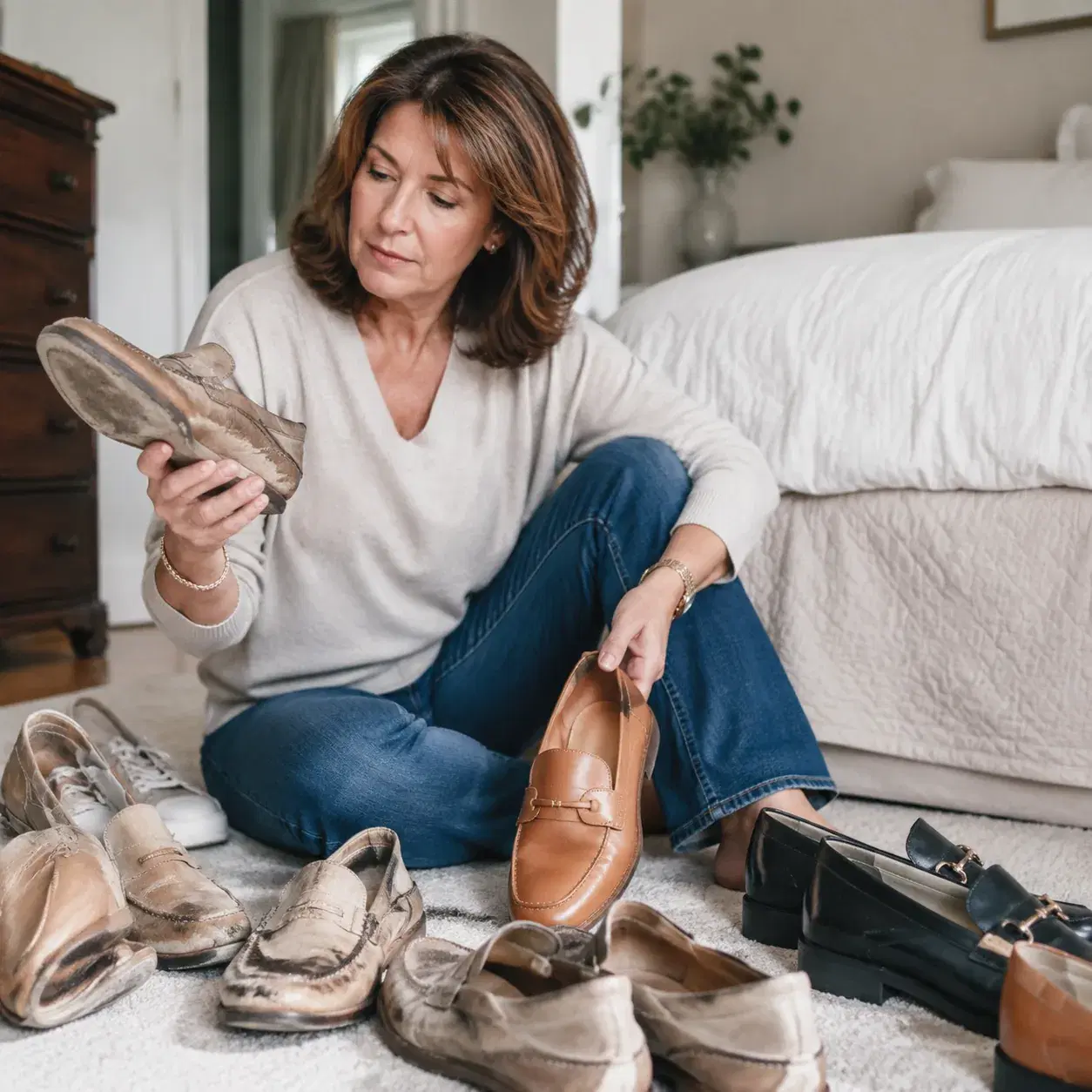 Realistic editorial photo of a woman over 50 sorting worn favorite shoes from cleaner updated options on a bedroom floor