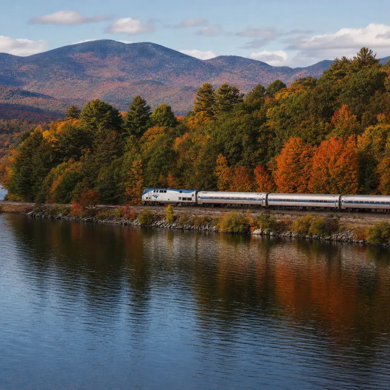 Realistic editorial photo of an Amtrak train running beside Lake Champlain with Adirondack mountains, fall trees, and re