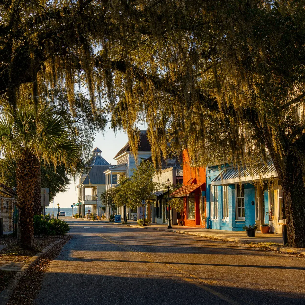 Realistic editorial photo of Bay St. Louis Mississippi with mossy oak trees, colorful coastal storefronts, beach road, a