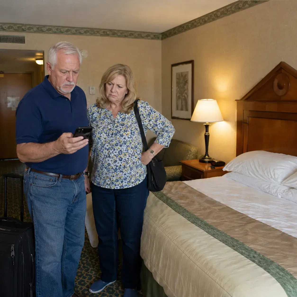 Hilton Garden Inn hotel room with outdated fixtures, worn bedding, dated headboard design, older American couple compari