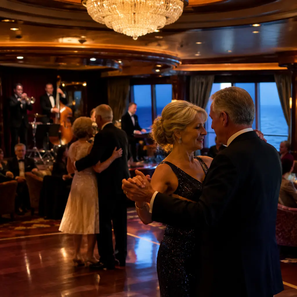 mature couples ballroom dancing to a live cruise ship orchestra in an elegant lounge with chandeliers, realistic editori