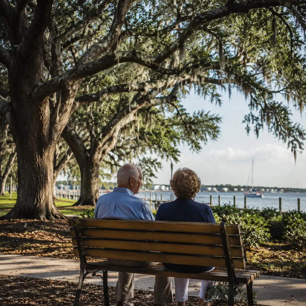 older couple sitting under live oaks near the waterfront in Southport North Carolina, realistic travel editorial photogr