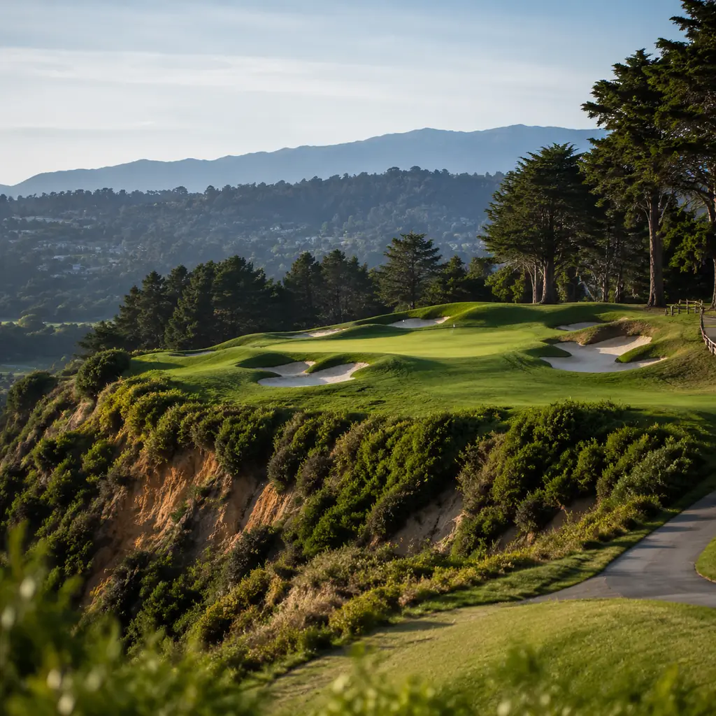 Realistic editorial photo of a classic California hillside golf course with deep bunkers, barranca edge, rolling green, 