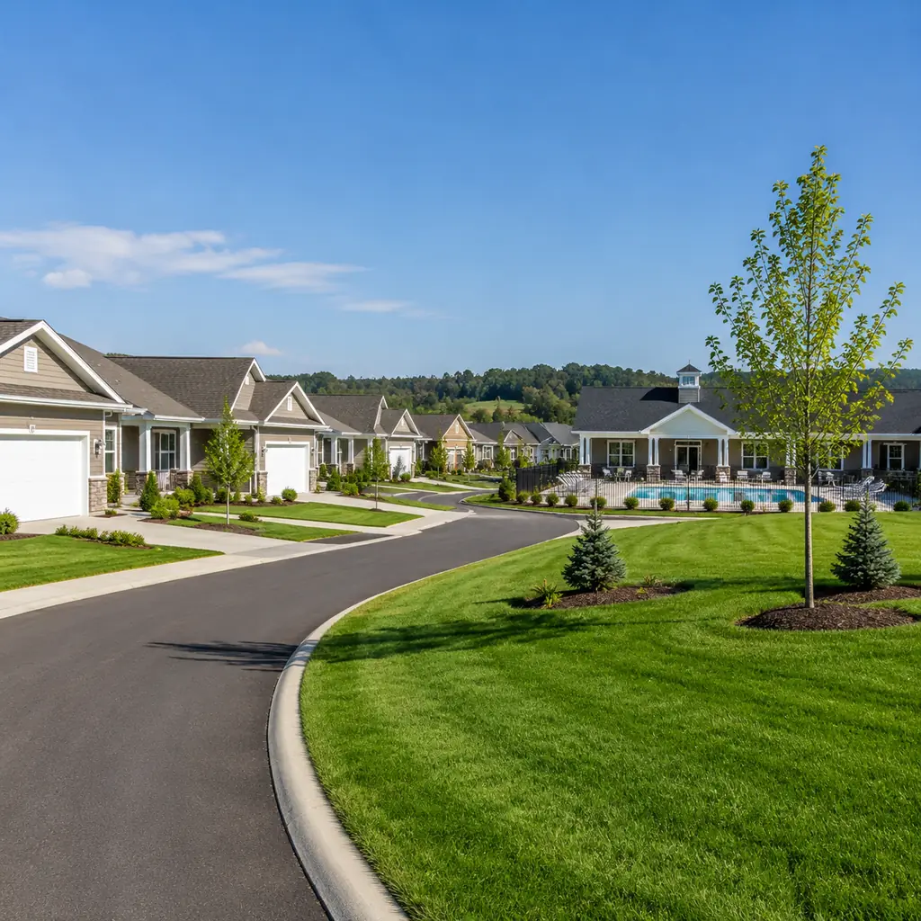 Realistic editorial photo of a new-build Pennsylvania 55 plus neighborhood with single-story homes, fresh sod lawns, you
