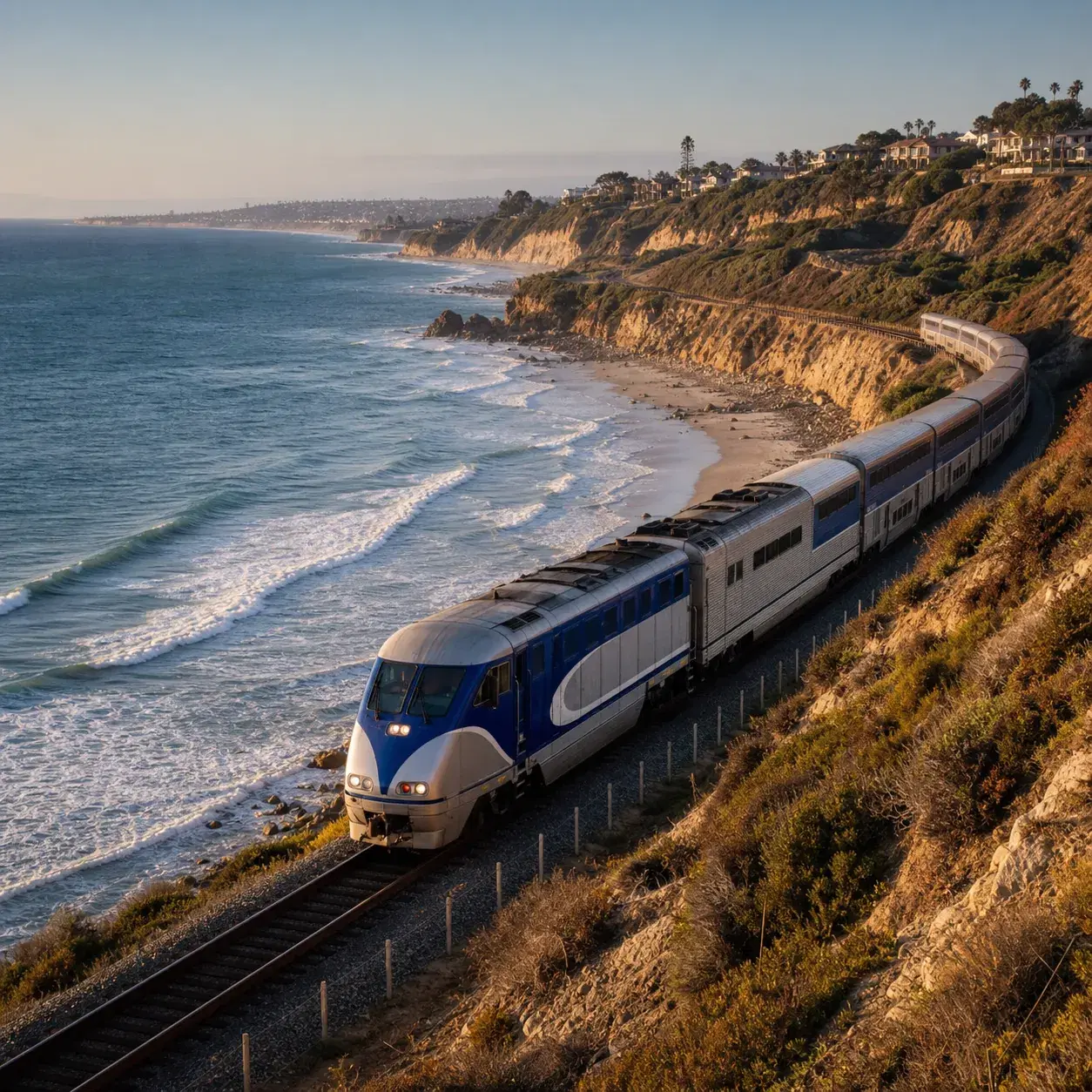 Realistic editorial photo of a Pacific Surfliner train beside the Southern California coastline with ocean cliffs, beach