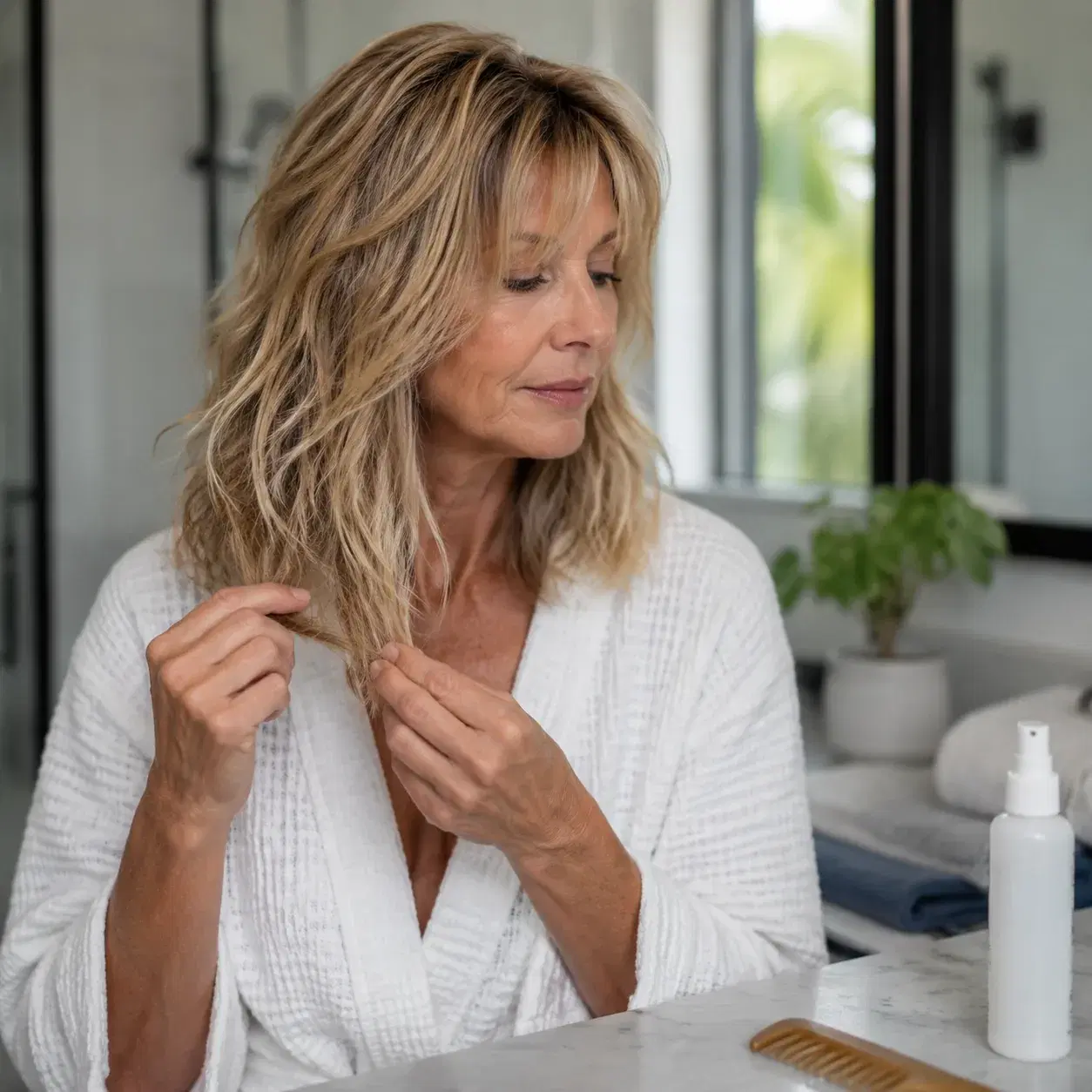 Realistic editorial photo of a woman over 50 touching dry-looking textured ends after washing a beachy layered haircut,