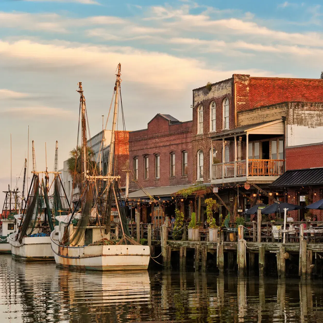 Realistic editorial photo of Apalachicola Florida historic waterfront with shrimp boats, old brick storefronts, seafood 