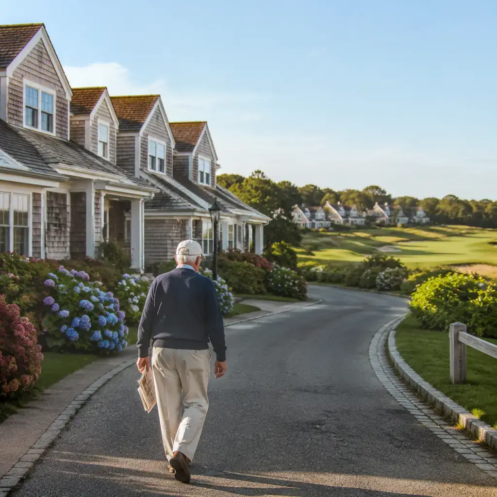 Realistic editorial photo of condo-style retirement residences with dormered rooflines around a golf course on Cape Cod,