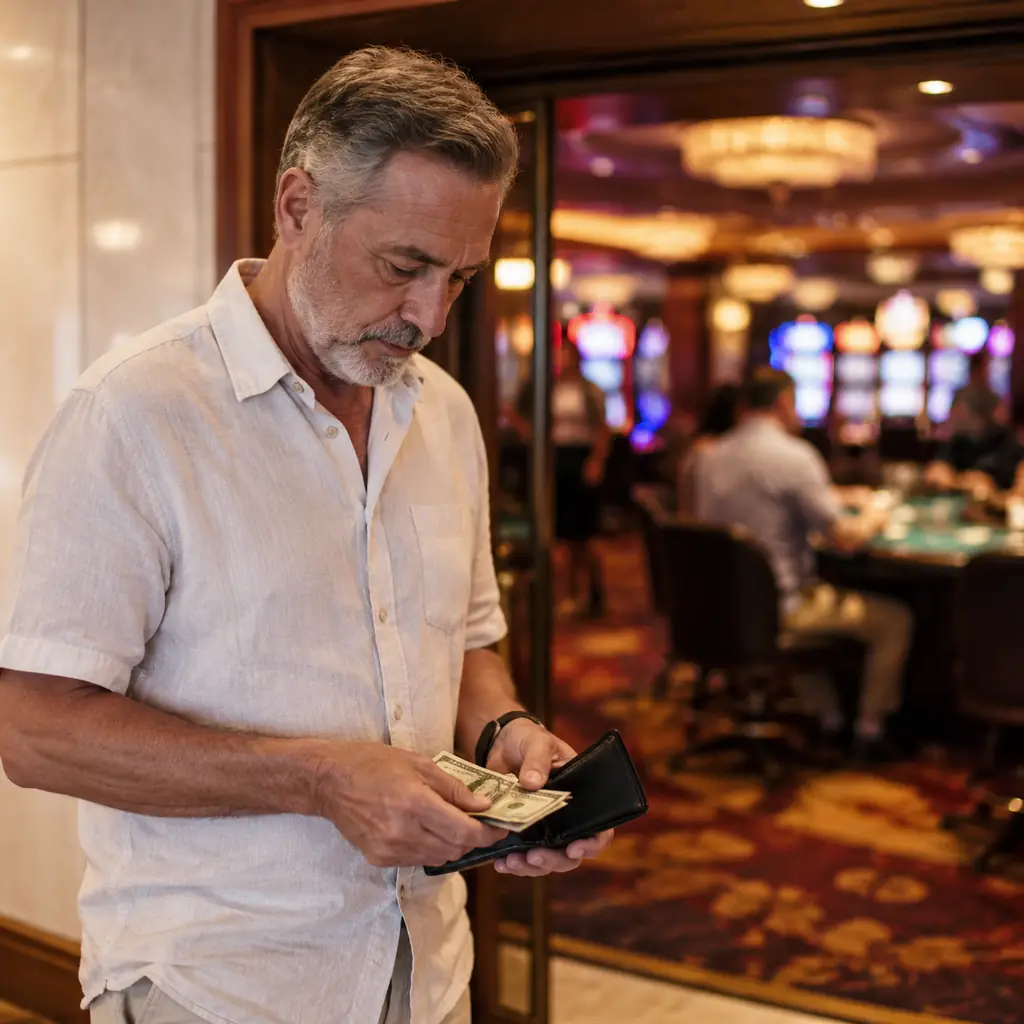 seasoned cruise passenger setting a modest cash budget before entering a softly lit casino with no logos, realistic trav