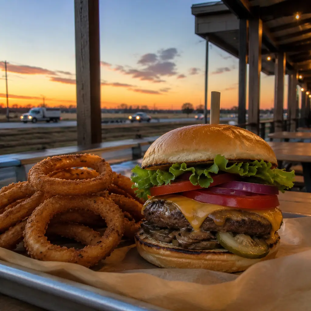 Texas highway burger restaurant with a large customizable burger and onion rings at dusk no logos, realistic travel edit