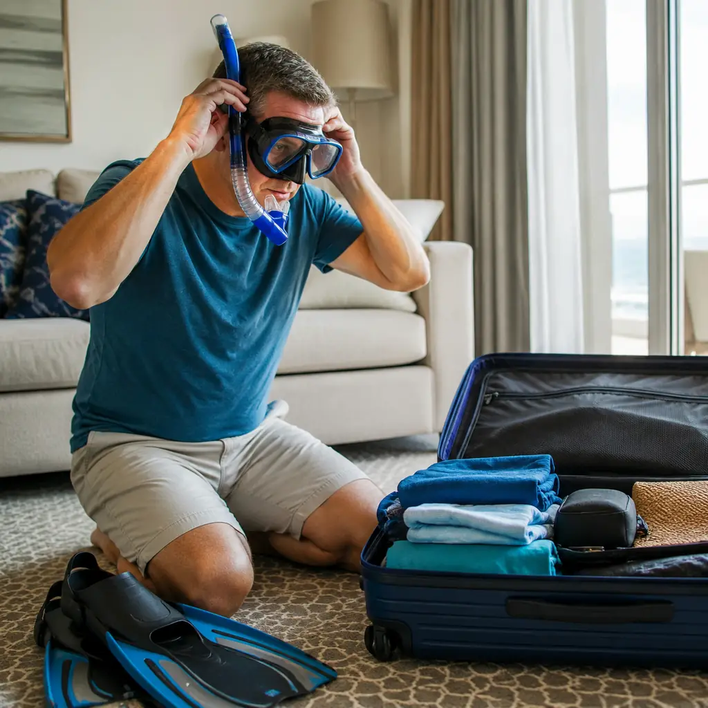 traveler fitting a compact snorkel mask at home beside bulky fins and an open cruise suitcase, realistic cruise travel c