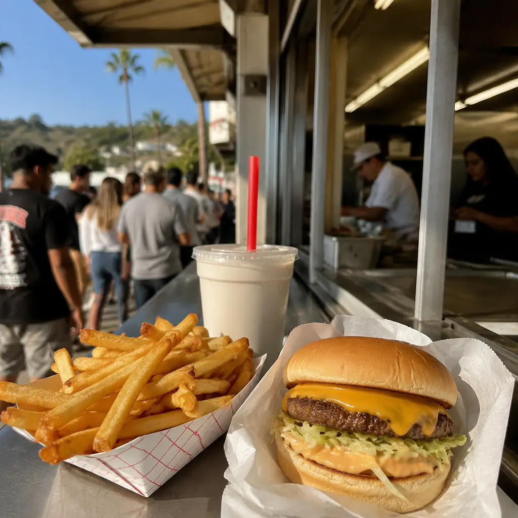 busy California roadside burger stand with a simple burger fresh cut fries and shake no branding, realistic travel edito