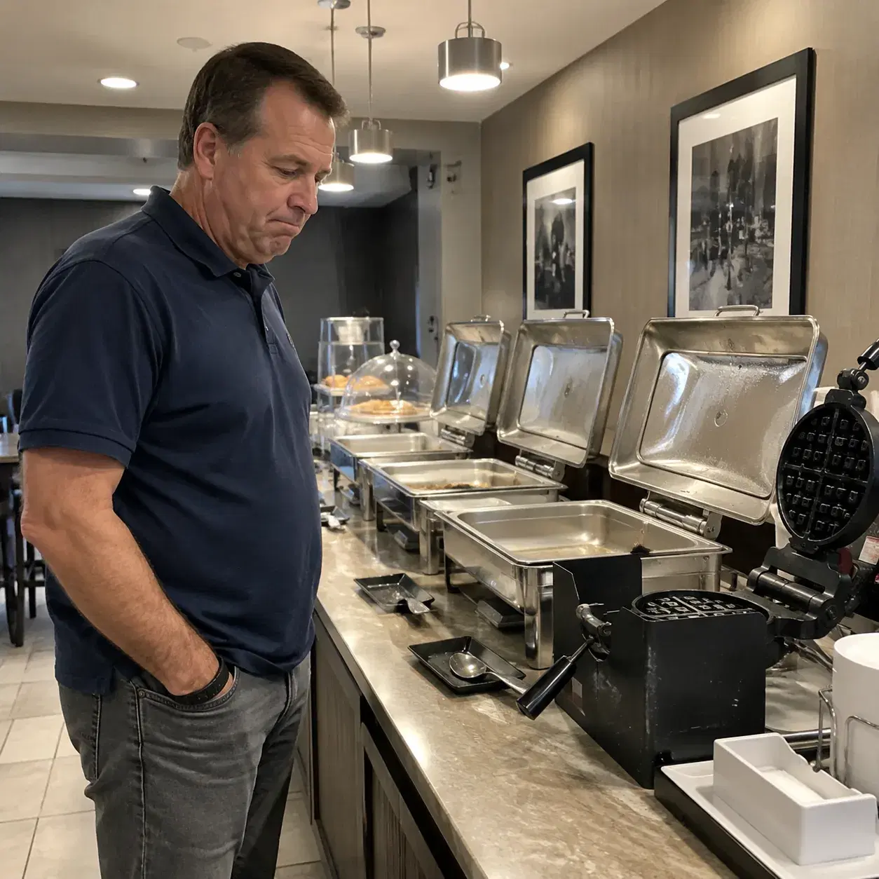 Hampton Inn hotel breakfast area showing depleted warming trays at 9am, empty waffle maker station, middle-aged American