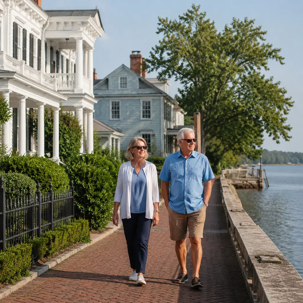 mature travelers walking beside historic homes and calm water in Edenton North Carolina, realistic travel editorial phot