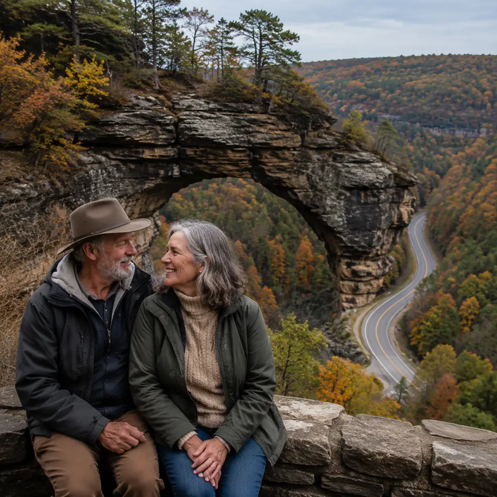 older road trip couple near a sandstone arch and winding scenic road in Red River Gorge Kentucky, realistic travel edito