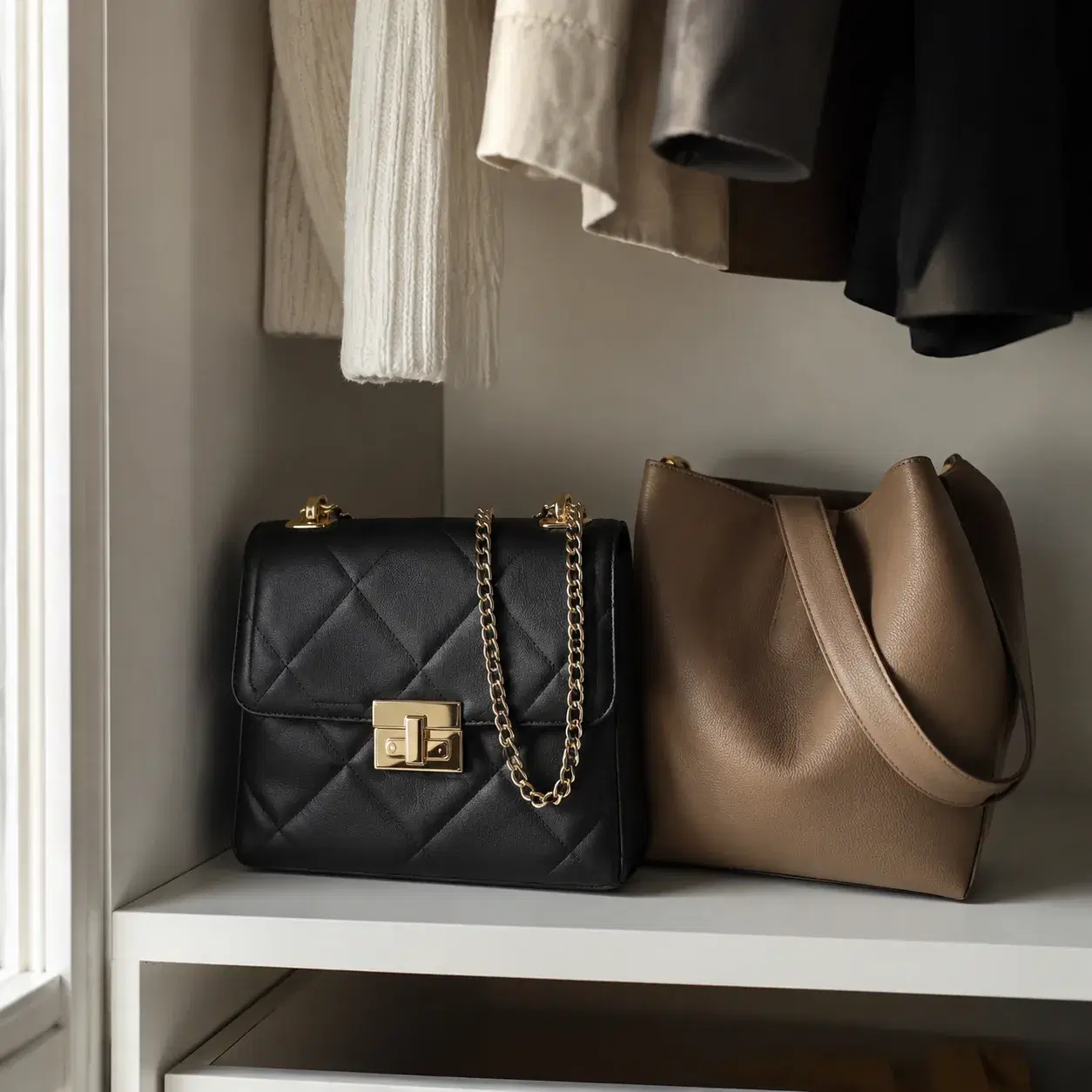 Realistic editorial photo of a generic handbag with almost-designer details like uneven quilting and bright hardware on