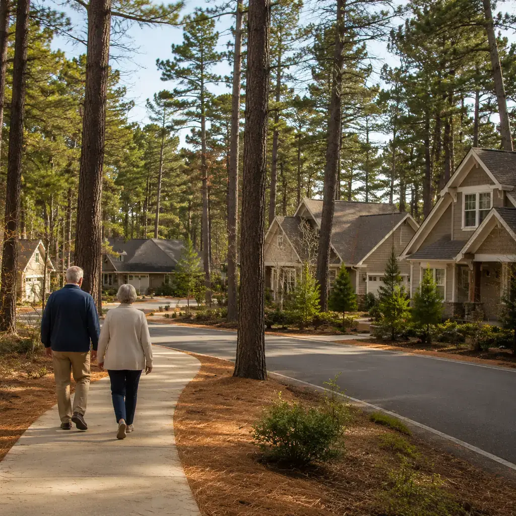 Realistic editorial photo of a master-planned New England community with craftsman-style homes among tall pine trees and