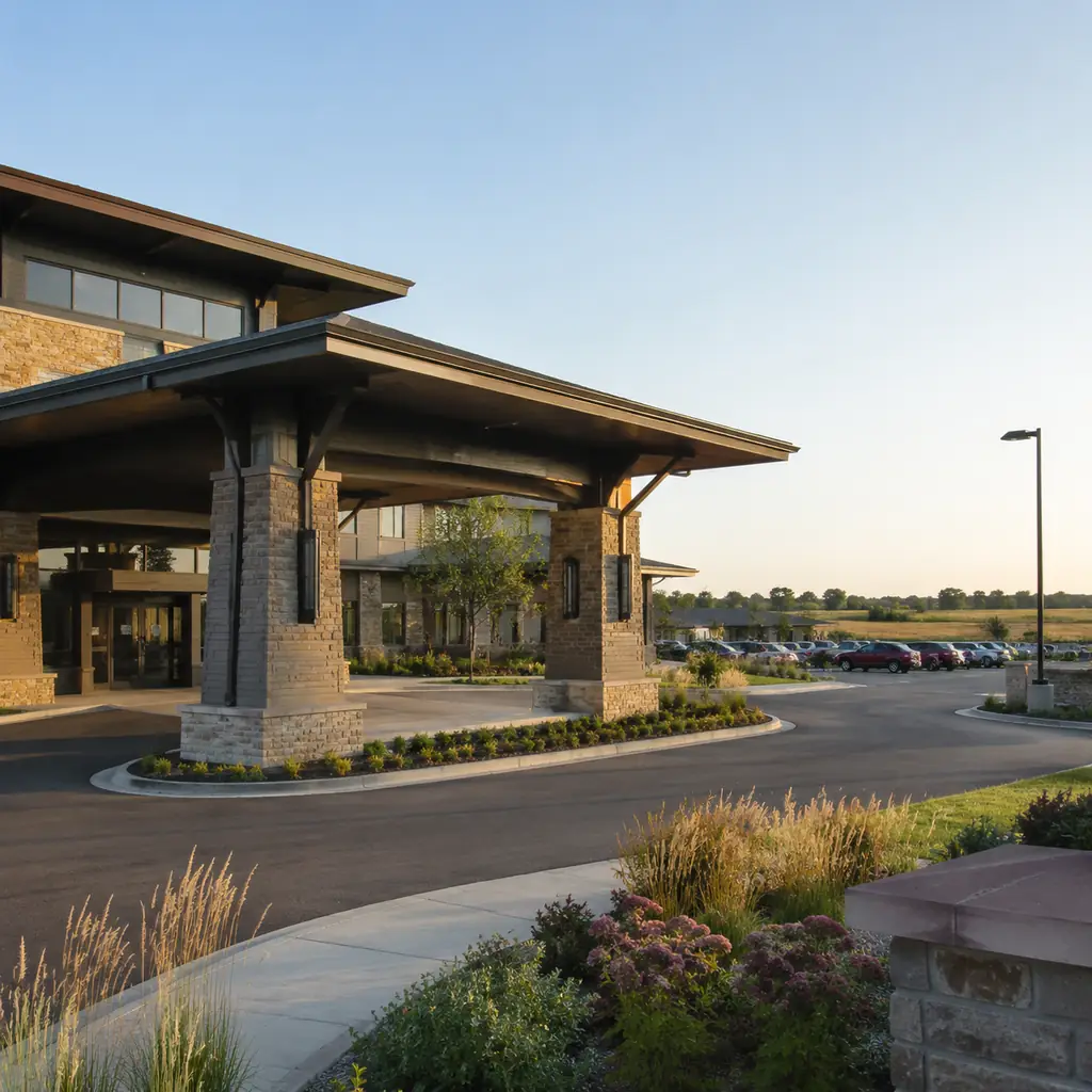 Realistic editorial photo of a newer continuing care campus with prairie style architecture, stone accents and open farm