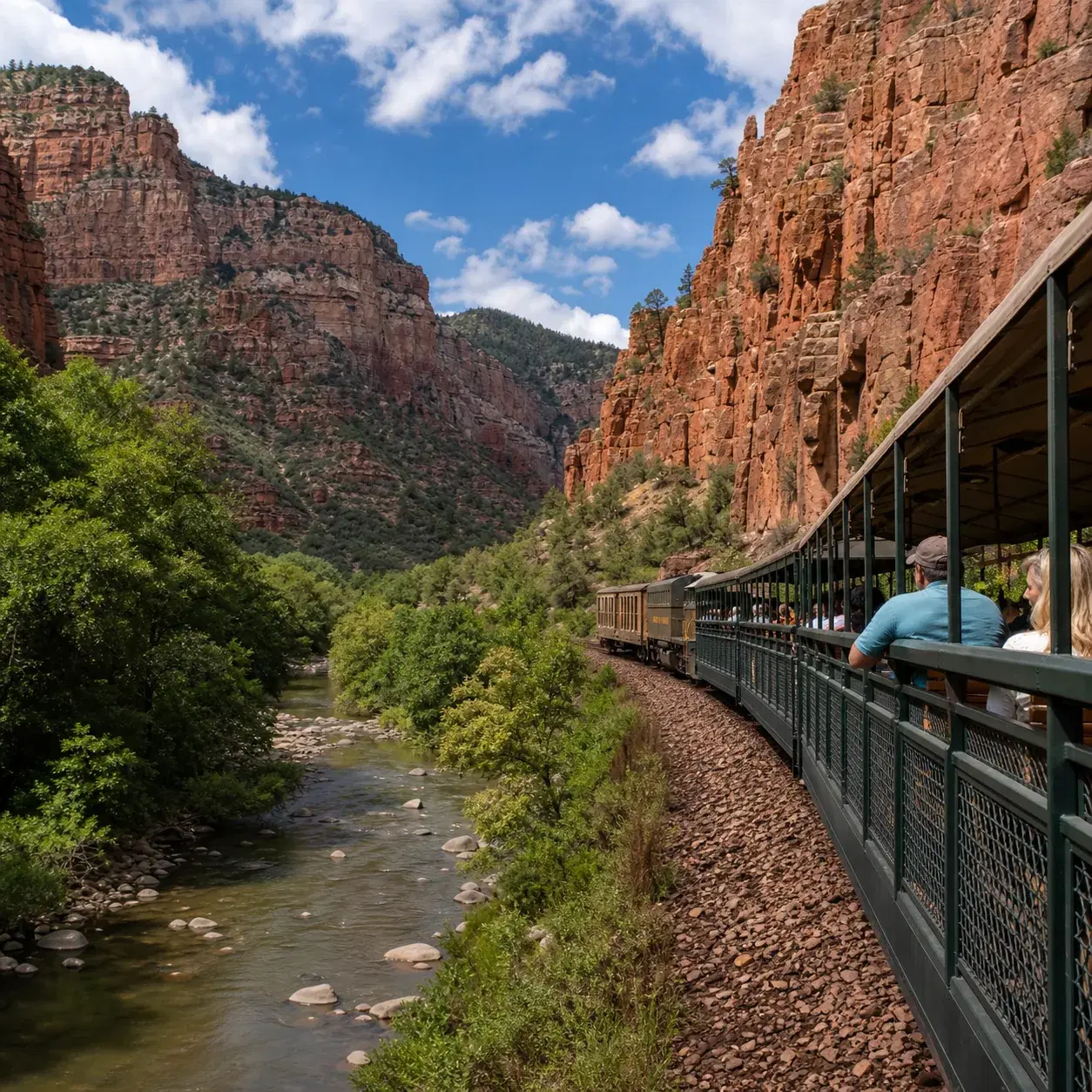 Realistic editorial photo of a scenic train entering Verde Canyon near Sedona with red rock cliffs, green river trees, a