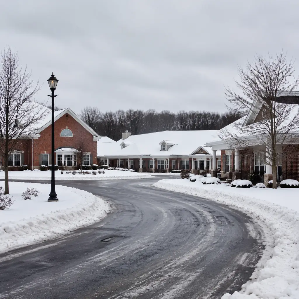 Realistic editorial photo of a western Pennsylvania retirement community in winter with brick buildings, snow-covered la