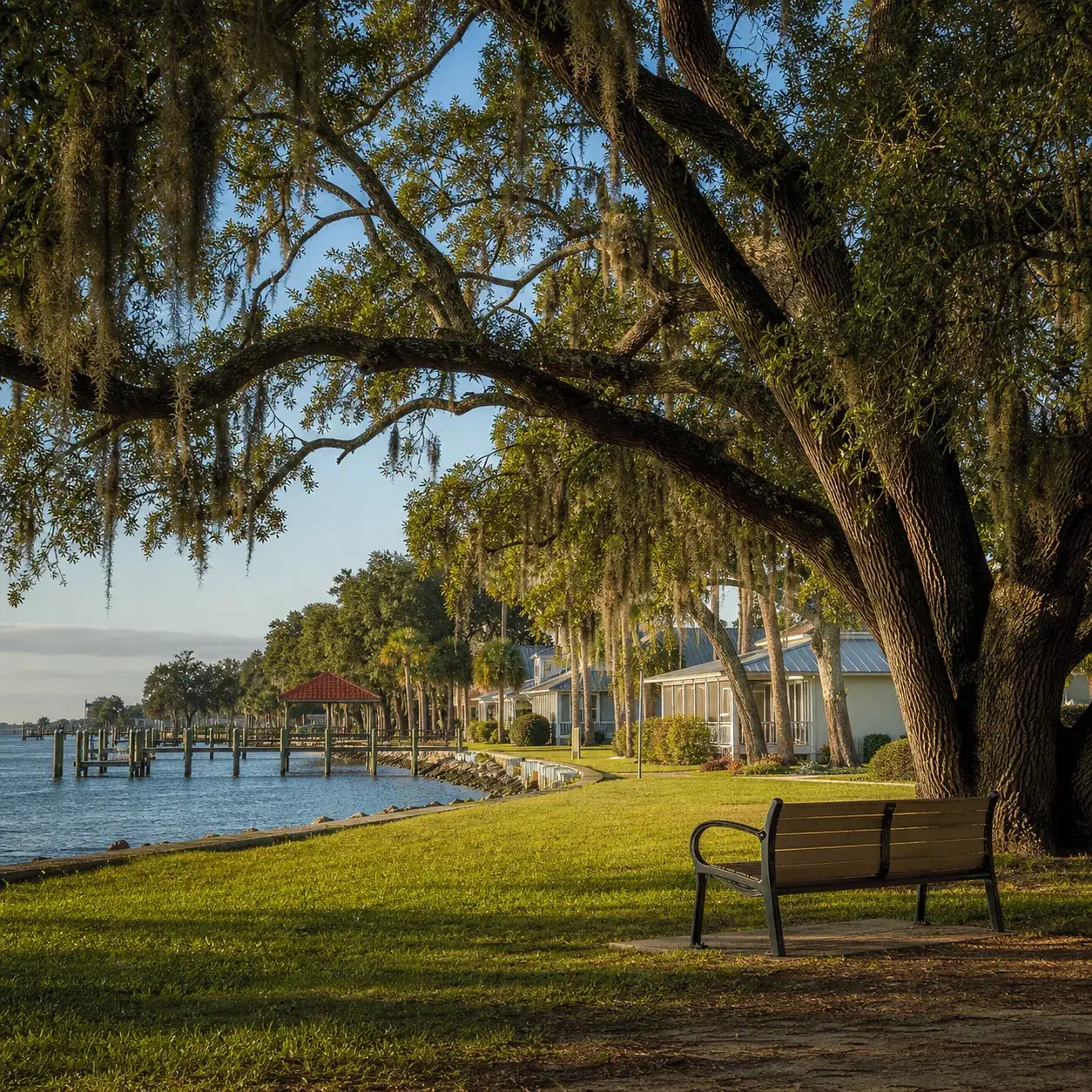 Realistic editorial photo of St. Marys Georgia waterfront park with oak trees, river views, small historic buildings, an