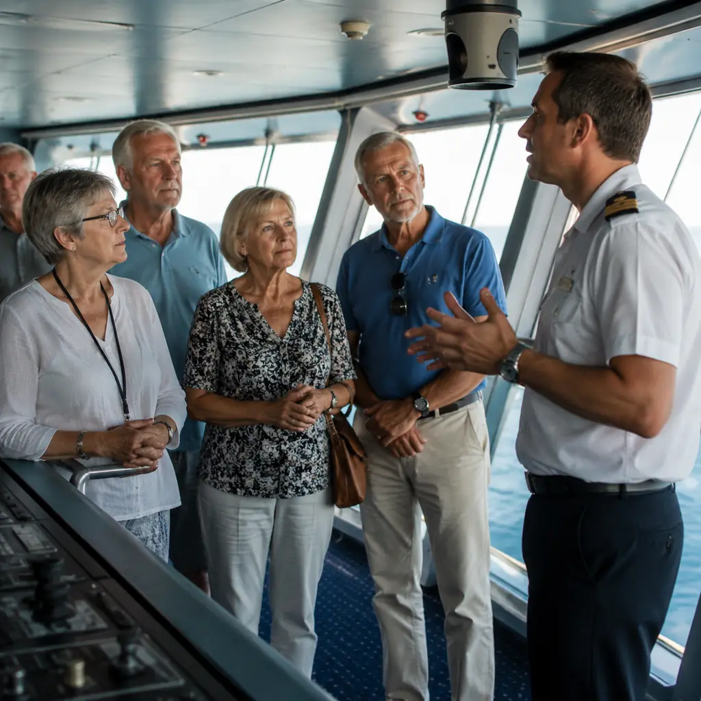 small group of mature cruise passengers visiting a ship bridge and speaking with an officer beside navigation windows, r