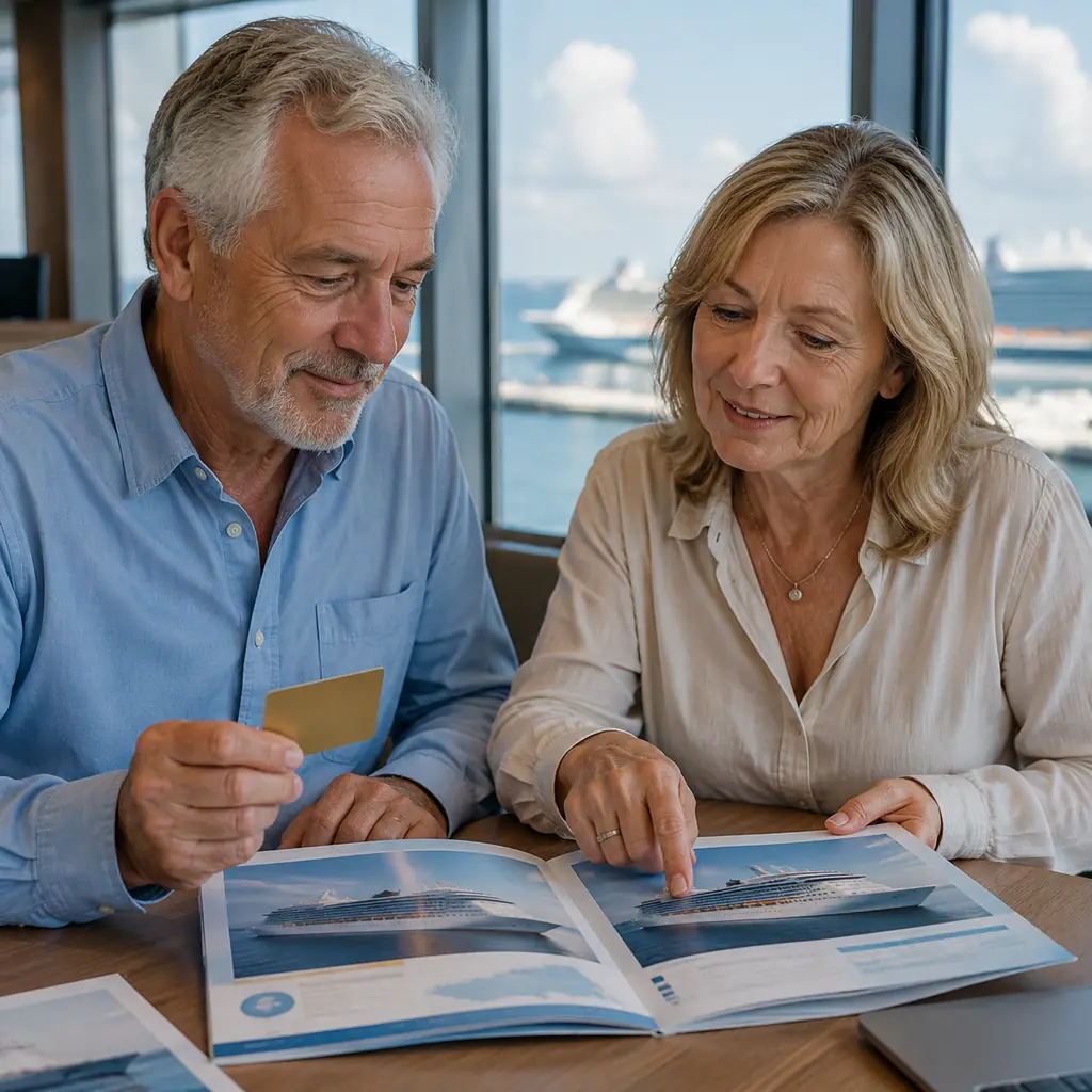 veteran cruise couple comparing two different ship silhouettes and itineraries while holding one loyalty card without br